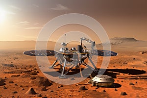 lander on the surface of mars, with view of blue sky and red planet visible in the background