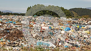 Landfill / dump site with green trees in background. No logos / trademarks visible on dumped garbage