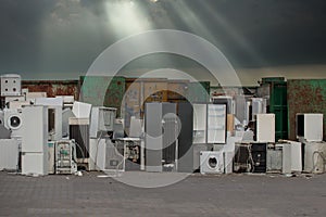 Landfill of electronic waste, ready for recycling. Environmental problem, concept image