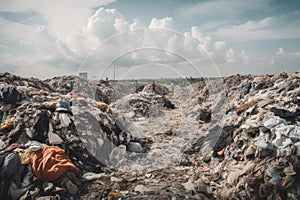 a landfill filled with discarded fast fashion garments and textile waste