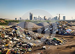 Landfill with garbage piles in trash dump.