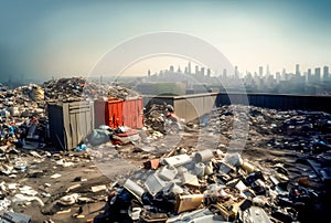 Landfill with garbage piles in trash dump.