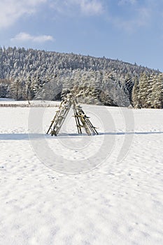 Landfill hay field on a meadow covered with snow waiting for haymaking