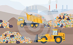 Landfill landscape with trash piles, bulldozer and garbage truck. Plastic pollution and waste recycling process. Garbage