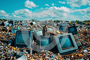 Landfill overflowing with discarded electronics and plastic waste