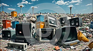 Landfill overflowing with discarded electronics and plastic waste