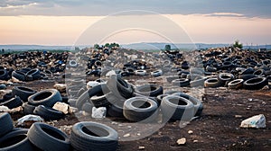 Landfill site with piles of discarded tires