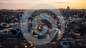 Landfill site with piles of discarded tires