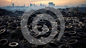 Landfill site with piles of discarded tires