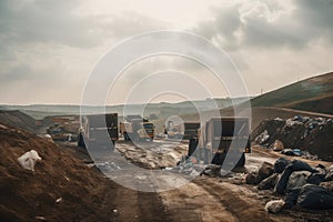 landfill site, with trucks coming and going, bringing new waste to be disposed