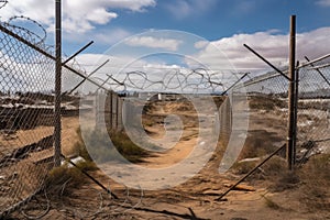 landfill surrounded by chain-link fence, with warning signs and barbed wire