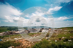 landfill surrounded by lush natural landscape, with clear blue skies and fluffy clouds in the background