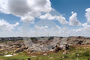 landfill surrounded by lush natural landscape, with clear blue skies and fluffy clouds in the background