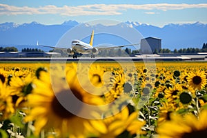 Landing airplane above sunflower field. Concept of decarbonization and biofuel..