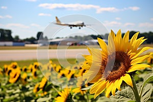 Landing airplane above sunflower field. Concept of decarbonization and biofuel..