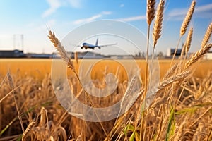 Landing airplane above wheat field. Concept of decarbonization and biofuel..