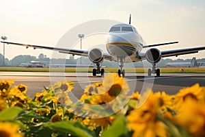 Landing airplane next to sunflower field. Concept of decarbonization and biofuel..