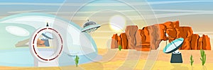 Landing base for UFO in the desert. A flying saucer, a radio telescope, a dome for landing aircraft. Landscape with sand, cacti an