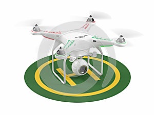 Landing drone on green helipad. 3D