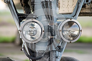 Landing gear. Front part of chassis of aircraft closeup