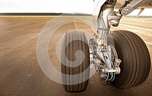 Landing gear, wheels, on the runway, close up