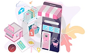 Landing page of 3d isometric online shopping on websites or mobile applications concepts of vector e-commerce and digital marketin