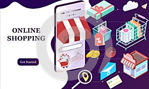 Landing page of 3d isometric online shopping on websites or mobile applications concepts of vector e-commerce and digital marketin