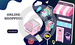 Landing page of 3d isometric online shopping on websites or mobile applications concepts of vector e-commerce and digital marketin