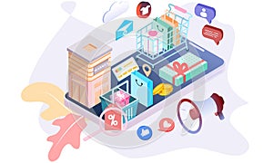 Landing page of 3d isometric online shopping on websites or mobile applications concepts of vector e-commerce and digital marketin