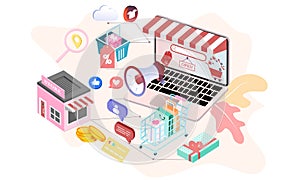 Landing page of 3d isometric online shopping on websites or mobile applications concepts of vector e-commerce and digital marketin