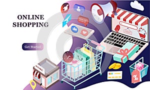 Landing page of 3d isometric online shopping on websites or mobile applications concepts of vector e-commerce and digital marketin