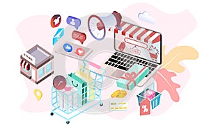 Landing page of 3d isometric online shopping on websites or mobile applications concepts of vector e-commerce and digital marketin