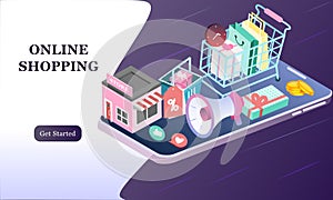 Landing page of 3d isometric online shopping on websites or mobile applications concepts of vector e-commerce and digital marketin