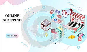 Landing page of 3d isometric online shopping on websites or mobile applications concepts of vector e-commerce and digital marketin