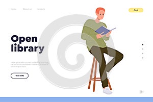 Landing page advertising open library free service for literature fan and reader book lover