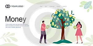 Landing Page, banner. man woman cartoon character, concept of Growing company. tree money grow. family Businessmen