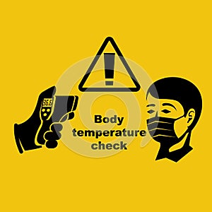 Landing page body temperature check. Black icon face in medical mask