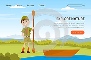 Landing Page with Boy Scout Cartoon Character in Khaki Costume with Boat and Paddle Vector Illustration