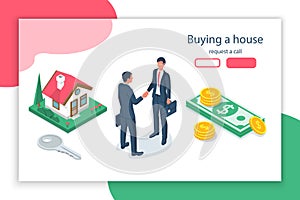 Landing page buying house. Real estate deal, shake hands