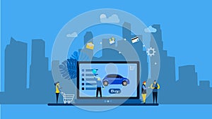 Landing page buying and selling cars online  with Tiny People Character Concept Vector Illustration