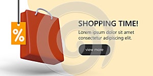 Landing page with cartoon creative 3d bag. Shopping time in online store