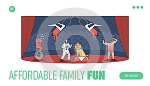 Landing page with circus arena and cartoon juggler, tamer with lion, strongman and acrobat