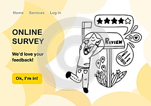 Landing page with a client giving his feedback doodle style