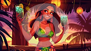 Landing page for a cocktail party cartoon. Smiling woman holding coconut drinks on wooden background, tropical hawaiian