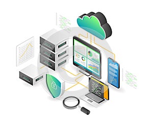 Landing page concept flat isometric illustration. cloud server transformation digital analyst data monitoring