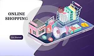 Landing page of 3d isometric online shopping on websites or mobile applications concepts of vector e-commerce and digital marketin photo
