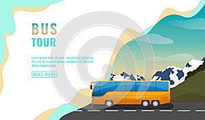 Landing page design, banner with bus tour, tourism concept, yellow bus on road, beautiful sky and mountains, vector