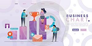 Landing page design of Business Bar Chart with flat Illustration cartoon character. Business data visualization of layout diagram,