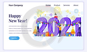 Landing page design concept of Happy new year 2021. People engaged in decorating on giant 2021 number celebrating new year\'s eve.