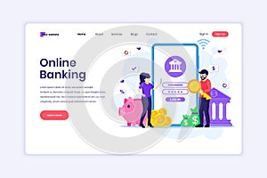 Landing page design concept of Mobile banking with people characters using a smartphone for internet mobile payments and transfers